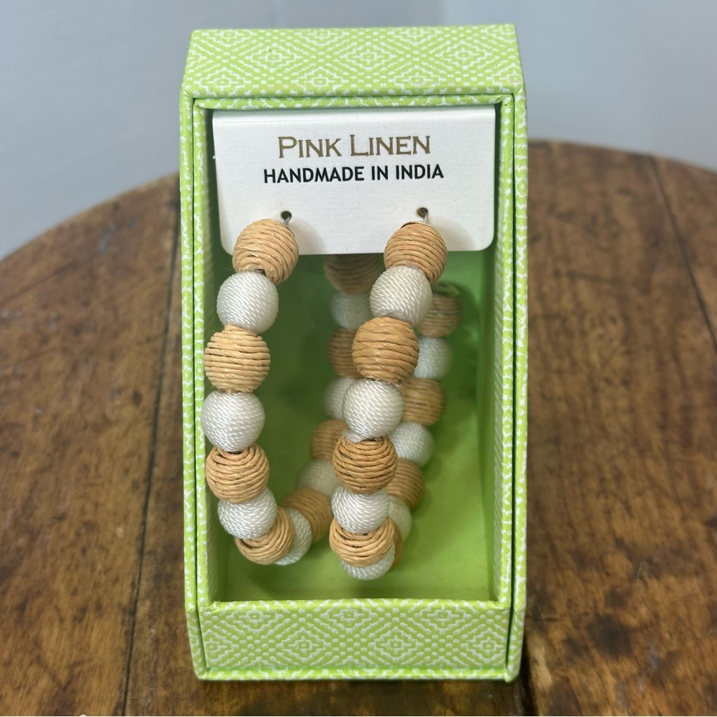 Pink Linen Cream & Tan Beaded Boho Hoop Earrings